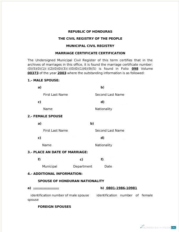 Download Honduras Civil registry of the people marriage certificate Photoshop template